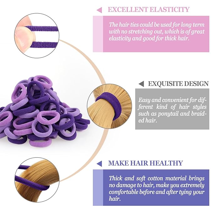 100PCS Hair Ties for Women And Kids, Seamless Thick Hair Bands, Elastic Baby Hair Ties No Damage Ponytail Holder, Cotton Toddler Hair Tie, No Crease Small Hair Tie For Toddler Girls (Purple)