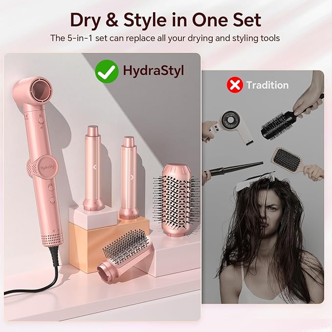 5 in 1 Hot Air Styler, 1300W 110000 RPM High-Speed Hair Dryer Brush with Auto-Wrap Curlers, Frizz-Free Volumizing Straightening Curling for All Hair Types, No Heat Damage, Travel Bag