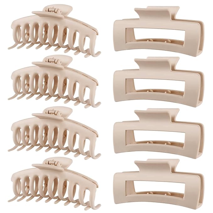 TOCESS Hair Claw Clips for Women - Large 8PK Neutral Matte Jumbo Square Hair Clips for Thick, Thin, Long, Short, Curly Hair Girls, Big Jaw Clip Set for Daily Use (Cream Beige)