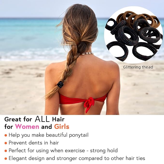 Large Stretch Thick Hair Ties for All Hair Types Seamless Glitter Hair Ponies Elastics Ponytail Holders Hair Scrunchies for Thick Hair Hair Accessories Women Girls 20-Pack