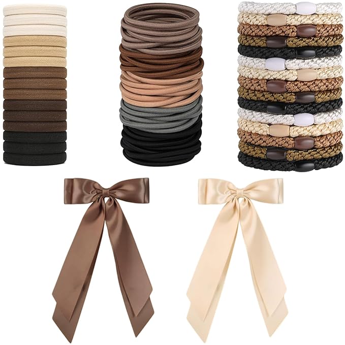 Hair Ties for women 5 styles Hair Elastics(15 No Damage Hair Ties 50 High Elastic Ties 15 Ponytail Holders 2 Bow Hair Clips 20 Snap Hair Clips) Pain-free No Crease multiple colors for all hair types