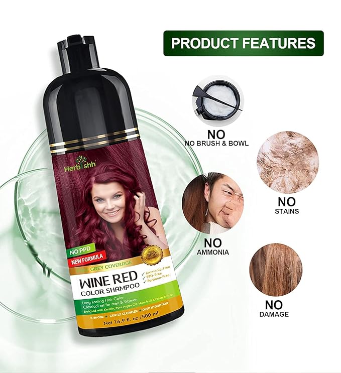 Herbishh Hair Color Shampoo - Magic Dye for Gray Hair, Long Lasting Color in Minutes, 3-In-1, Ammonia-Free, 500 Ml (Wine Red)