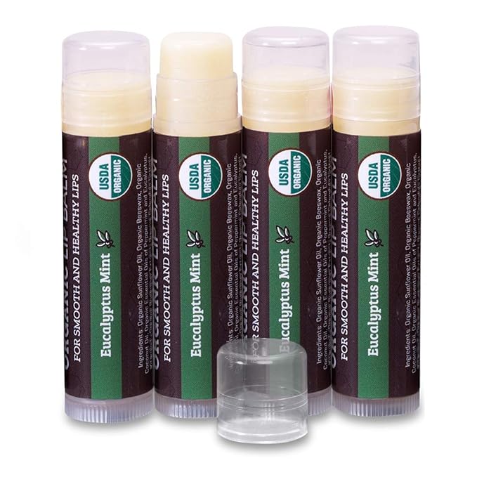 Earth's Daughter USDA Organic Lip Balm Stocking Stuffers 4-Pack Eucalyptus Mint Flavor - Beeswax, Coconut Oil, Vitamin E - Best Lip Repair Chapstick for Dry Cracked Lips.
