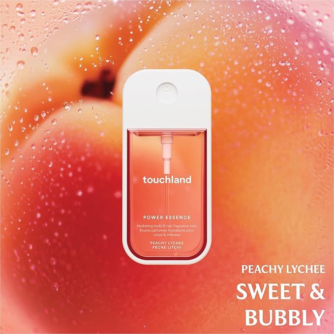 Touchland FRUITY CRUSH Body and Hand Mist Essentials (Peachy Lychee Body & Hair Fragrance Mist, 2 FL. OZ. + Berry Bliss Hydrating Hand Sanitizer Spray 1FL.OZ.), Travel Size Set