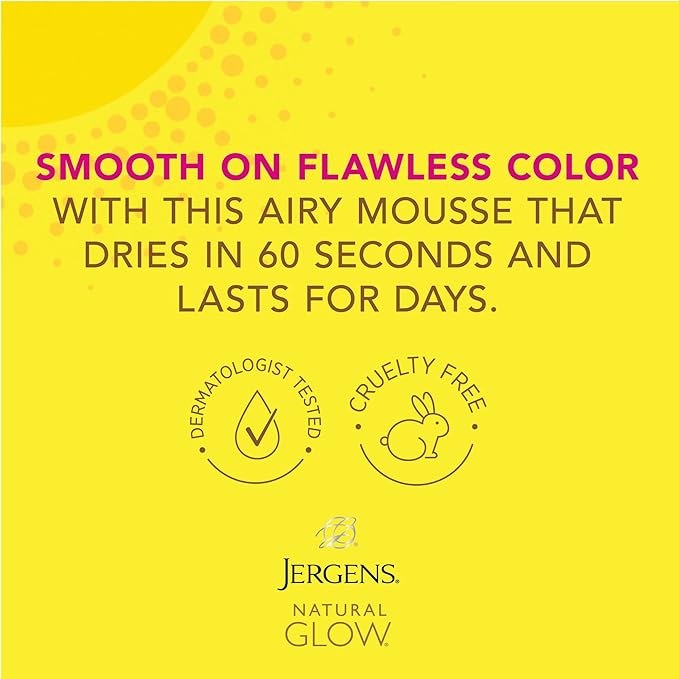 Jergens Natural Glow Instant Sun Body Mousse, Self Tanner for Deep Bronze Tan, Sunless Tanning Body Bronzer for Natural Looking Color Instantly, 6 Oz