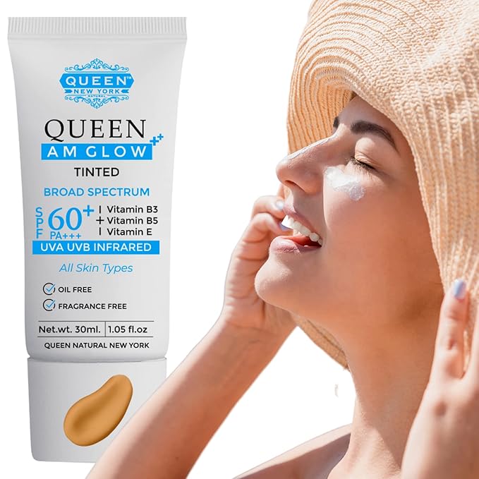 QUEEN AM GLOW | TINTED SunScreen SPF 60 Primer-Anti Aging, Face Moisturizer- Vitamin B3, B5, E- Non-Greasy, Silky Touch, oil free, fragrance free by QUEEN NATURAL NEW YORK (Pack of 1)