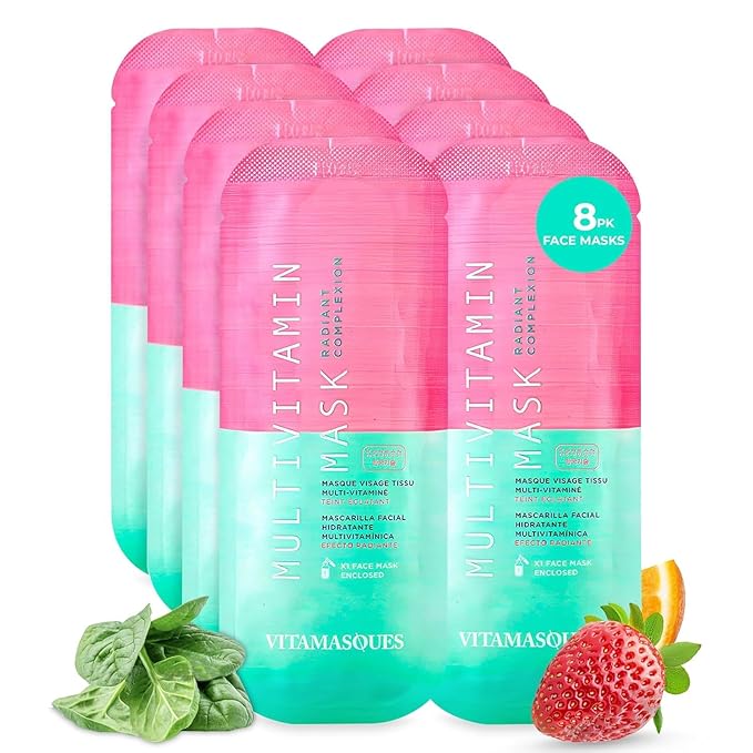 Vitamasques Multivitamin Face Mask, 8-Pack - Hydrating and Nourishing Korean Skincare for Radiant Skin, Provides Vitamins B, C & E