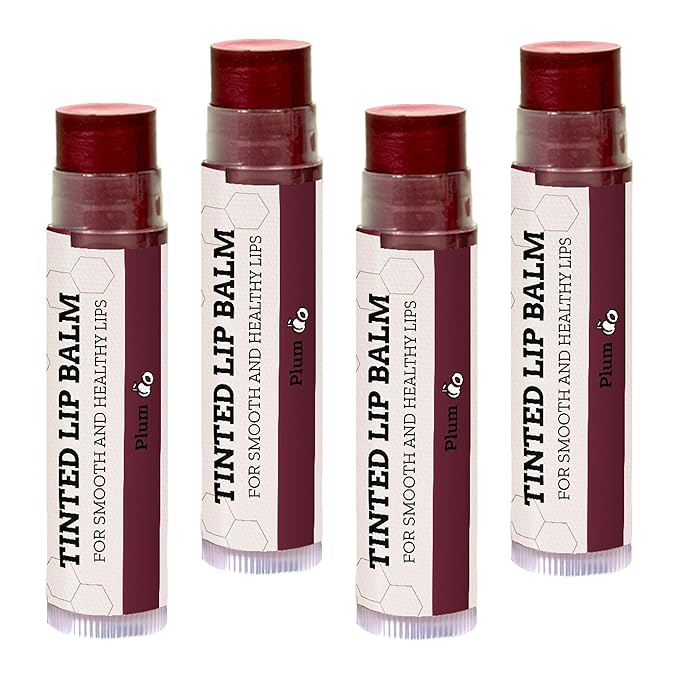 Earth's Daughter Tinted Lip Balm Stocking Stuffers 4 Pack of Plum Color - Beeswax, Coconut Oil, Cocoa Butter, Vitamin E -Moisturize and Beautify, Paraben Free