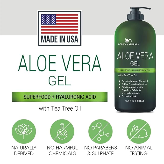 Being Naturals Aloe vera Gel - from 100% Pure Organic Aloe - Natural Raw Moisturizer for Face, Body, Hair. Perfect for Sunburn, Acne, Razor Bumps 16.9 fl oz (Tea Tree, Superfood, Hyaluronic Acid)