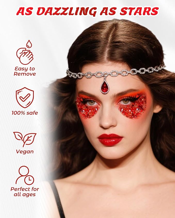 6PCS Red Face Body Glitter Gel，Holographic Chunky Sequins Body Glitter Paint for Party Singer Concerts Music Festival Rave Accessories for Girls Women Face Body DIY Sparkling Makeup