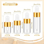 20 Pcs Mini Glass Oil Dropper Bottle Bulk, Clear Essential Small Empty Bottles Sample Containers Perfume Liquid Vials with Cap for Traveling (1ml,2ml,3ml,5ml,Gold)