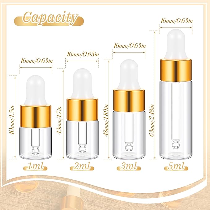 20 Pcs Mini Glass Oil Dropper Bottle Bulk, Clear Essential Small Empty Bottles Sample Containers Perfume Liquid Vials with Cap for Traveling (1ml,2ml,3ml,5ml,Gold)