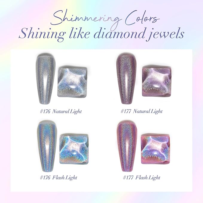 AZUREBEAUTY Holographic Nail Polish no Gel Fast Drying Pink Silver 2 Colors Natural Nail Lacquer High Shine DIY Salon Home Women Gifts 2Pcs 0.34oz