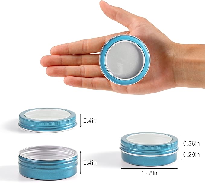 24 Pack 2 Ounce Screw Top Aluminum Tin Jar with Screw Clear Lid and Blank Labels, Refillable 60ml Metal Containers for Lip Balms, Candles, Salves, Spices, Crafts (Lake Blue)