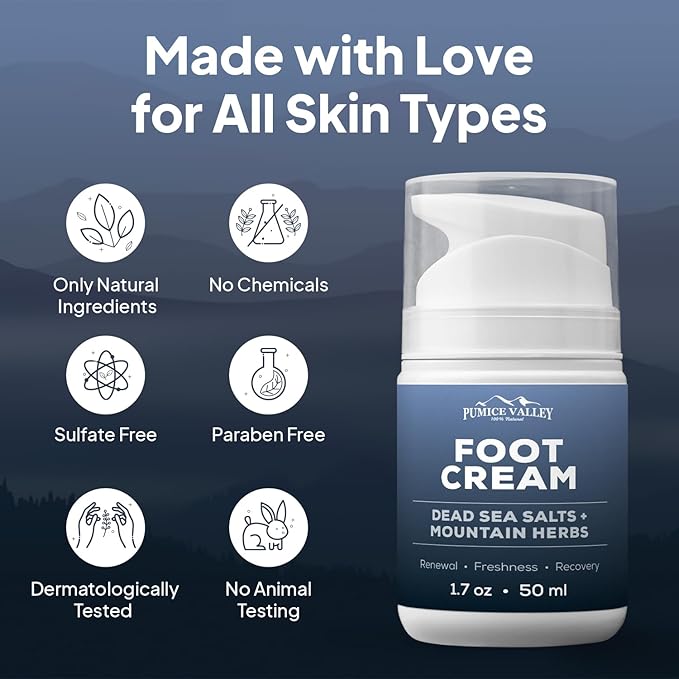 Pumice Valley Foot Cream for Dry Cracked Feet and Heels - Natural Moisturizer, Corn, Calluses Treatment - Skin, Body Lotion, Dead Sea Salts, Shilajit, Mountain Herbs 1.7 Oz