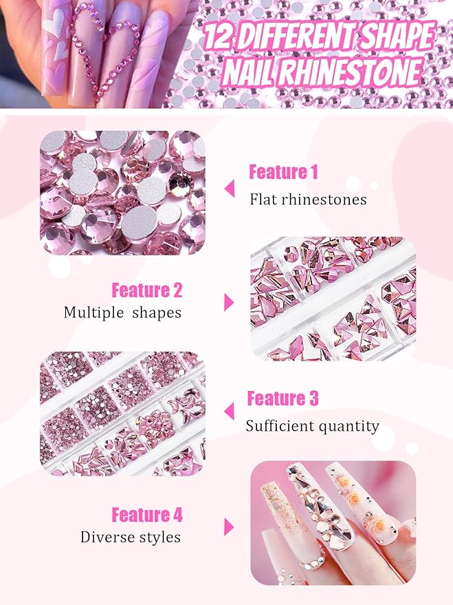 1620 Pcs Nail Art Rhinestones Pink Nail Charms Glass Nail Gems, Wsimily Crystal Flatback Shiny Mixed Nail Rhinestones Beads for DIY Manicure Craft with Tweezer Storage Box Picker Pencil