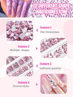 1620 Pcs Nail Art Rhinestones Pink Nail Charms Glass Nail Gems, Wsimily Crystal Flatback Shiny Mixed Nail Rhinestones Beads for DIY Manicure Craft with Tweezer Storage Box Picker Pencil