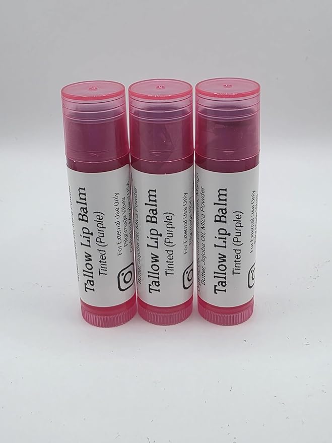 Tallow Lip Balm (3 Pack) (Tinted Purple) Handmade Grass Fed Beef Tallow Lip Balm with Nourishing Oils