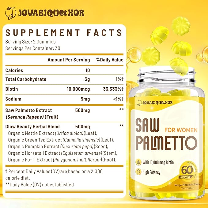 Saw Palmetto for Women - DHT Blocker Hair Growth Supplement - 500mg Potent Saw Palmetto Gummies for Hair, Skin, Nails, Urinary Wellness - Mango-Pineapple Flavor - 60 Gummies