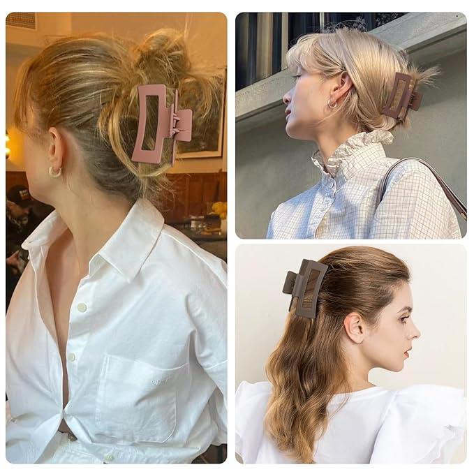 Hair Clip, 3.5 Inch Medium Square Claw Clips Rectangle Clips 6 Pack Rubber Paint Acrylic Plastic Metal, Non-Slip Design for Women Girls - Coffee