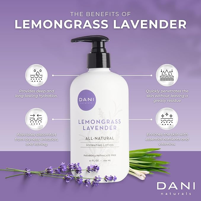 DANI Naturals Hand & Body Lotion - Calming Lemongrass Lavender Scent, Moisturizing Lotion with Aloe Vera, Shea Butter & Vitamin E, Deep Hydration for Dry Skin, All Skin Types - 12 Oz