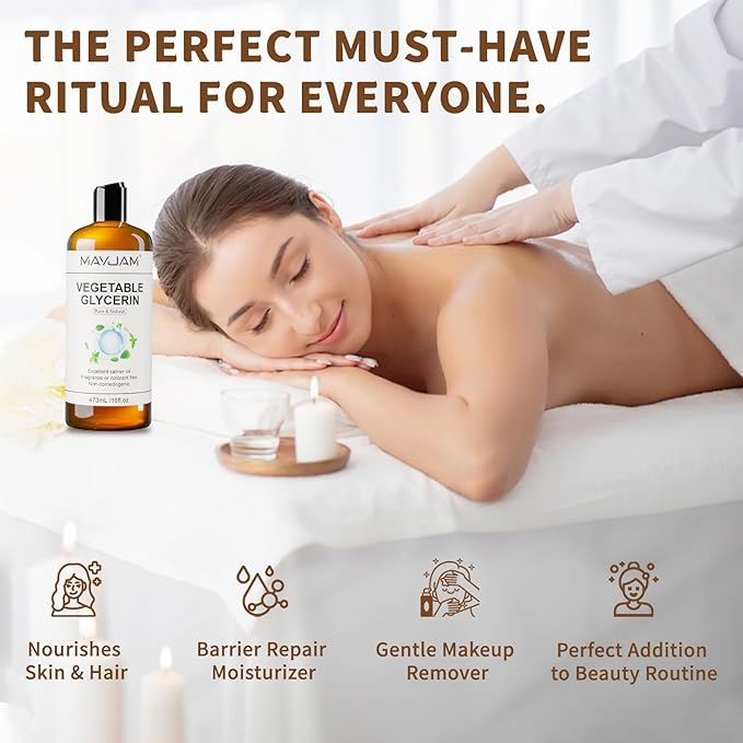 MAYJAM 100% Natural & Pure Vegetable Glycerine, 16 fl. oz. Vegetable Glycerin Liquid Body Oil for Skin, Face, Hair Care, Massage Oil for Moisturizing and Hair Benefits, Carrier Oil for Essential Oils