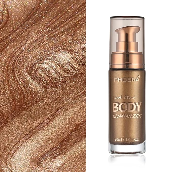 Body Shimmer Oil, Glistening Bronze Natural Glow Luminizer, Long Lasting Waterproof Moisturizing Liquid Illuminator Highlighter Makeup for a Sun-Kissed Glow, Brush Include, 1oz, Medium