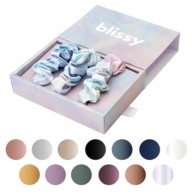 Blissy Silk Scrunchies (3 Pack) - 100% Pure Mulberry Silk - 22 Momme 6A High-Grade Fibers Scrunchie for Straight & Curly Hair - Preventing Breakage, Tangling, & Creasing (Tie Dye Skinny)