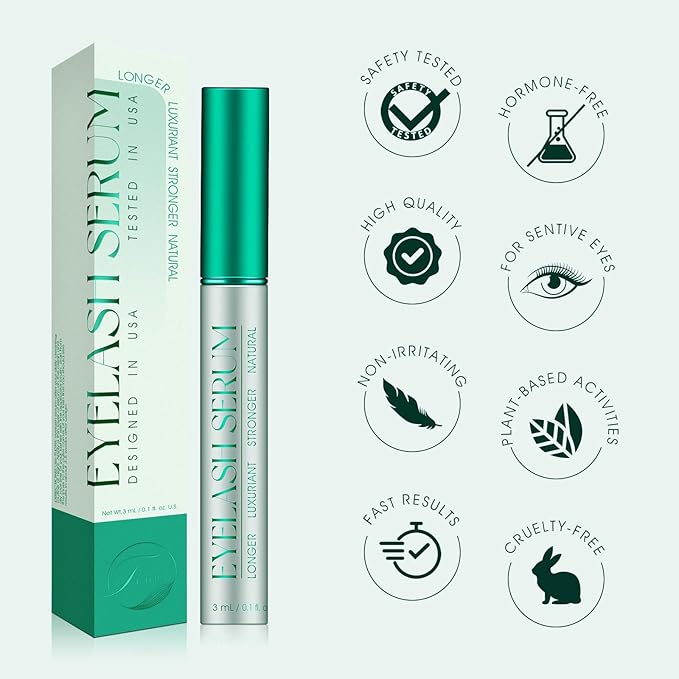 Eyelash Growth Serum: Enhances length, density & strength, conditions lashes. Vegan, cruelty-free, gentle for sensitive eyes. 3mL (2-month supply)