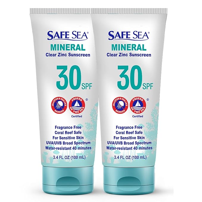 Safe Sea Zinc Oxide Sunscreen SPF30 | Clear Mineral Face And Body Reef Safe Sunscreen Without White Cast | Anti-Jellyfish Sting Protective Lotion | 3.4Oz (100ml) (2 Pack)