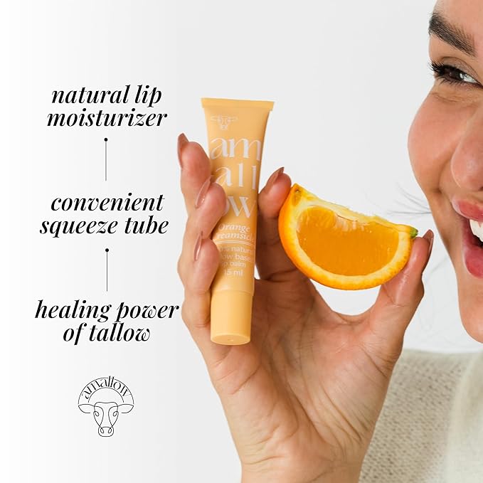 Amallow All Natural Tallow Lip Balm Squeezable Tube - Grass Fed/Finished Beef Tallow + Organic Beeswax & Vanilla & Orange Essential Oils .5 OZ (Orange Creamsicle)