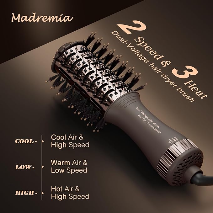 Travel Dual Voltage Hair Dryer Brush 4-in- 1,Portable Mini Hot Air Blow Dryer Straightener & Curler Brush,Titanium Oval Blowout Styler Volumizer Tools-Dark Chocolate
