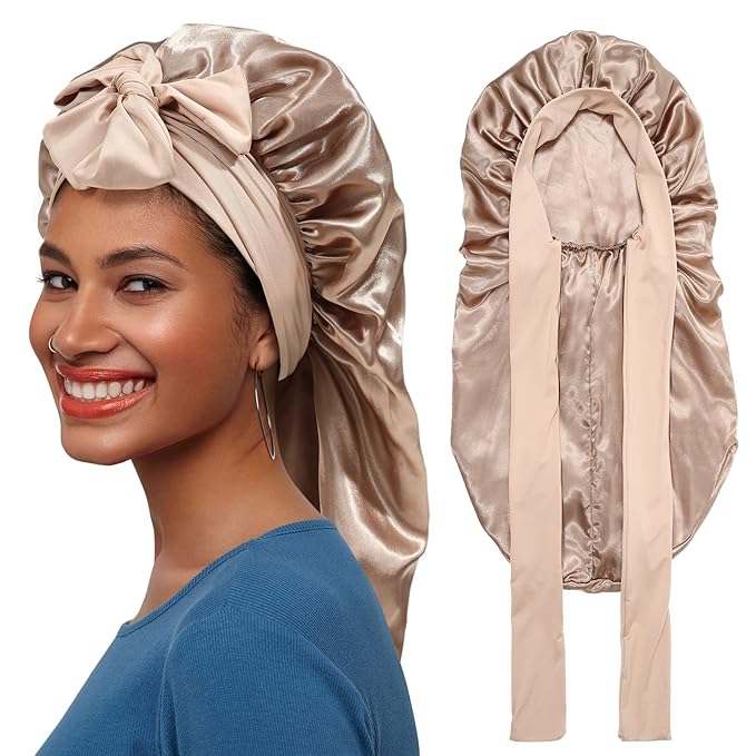 AWAYTR Long Satin Bonnet for Braids - Elastic Silk Hair Bonnets for Sleeping Night Cap Stretchy Tie Band for Women（Champagne）