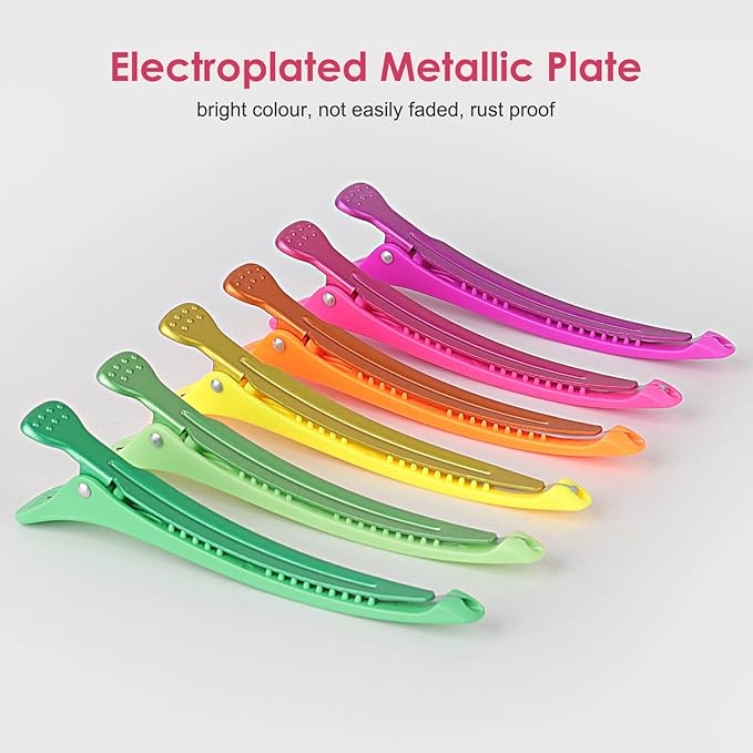 AIMIKE Neon Hair Clips, 12 Pcs Professional Sectioning and Cutting Clips for Hairdressers - 4.3" Long Duck Billed Rollers for Styling