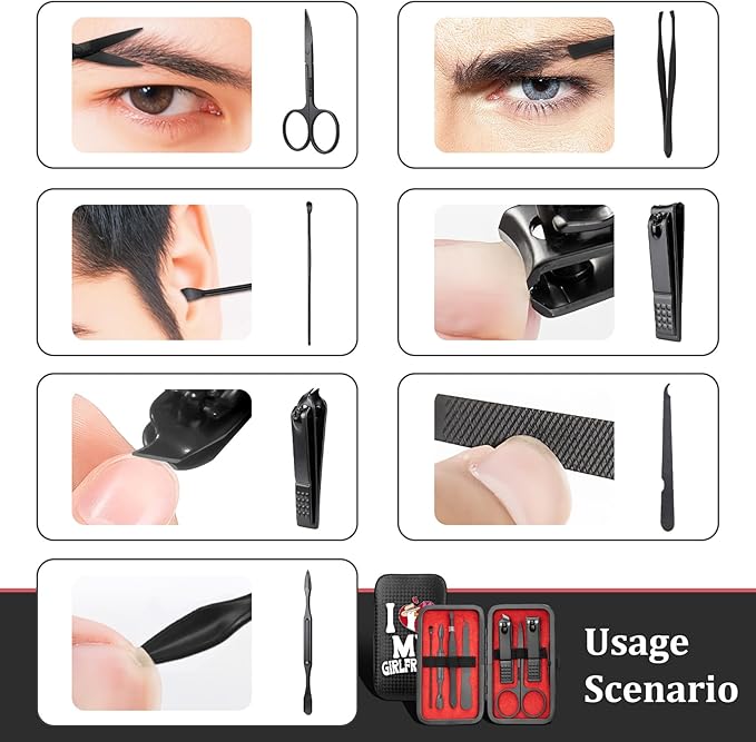 COSHAYSOO Christmas Stocking Stuffers Small Useful Funny Gifts for Boyfriend from Girlfriend, 7 Pcs Travel Manicure Set with Black Case Nail Clipper Grooming Fingernail Care Kit I Love My Girlfriend