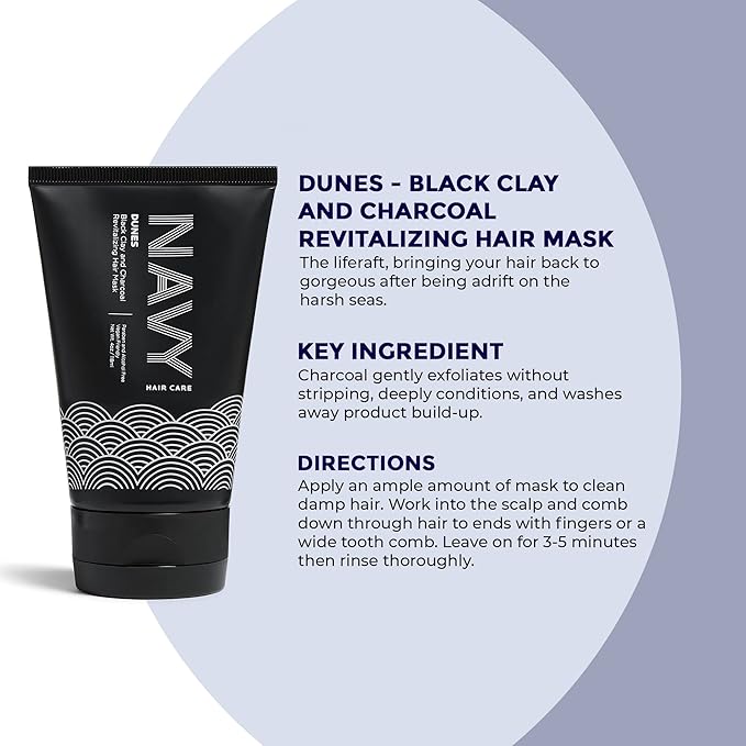 NAVY HAIR CARE Hydrating Hair Mask - 4 Fl oz | Clay Hair Mask for Dry Damaged Hair | Hair Growth & Repair Mask | Paraben Free & Vegan Friendly | Dunes - Black Clay and Charcoal Revitalizing Mask