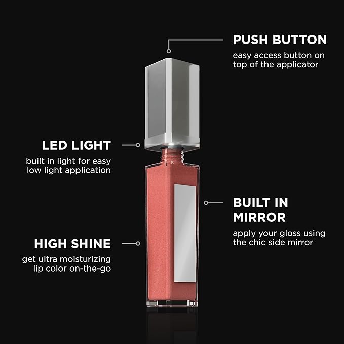 Pure Illumination Light-Up Lip Gloss with LED-Lit Applicator Brush + Side Mirror, Non-Sticky, Moisturizing Hydrating Lip Glosses with Lanolin, Jojoba Oil, & Vitamin E, Pouty Pink