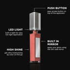 Pure Illumination Light-Up Lip Gloss with LED-Lit Applicator Brush + Side Mirror, Non-Sticky, Moisturizing Hydrating Lip Glosses with Lanolin, Jojoba Oil, & Vitamin E, Nude Beach