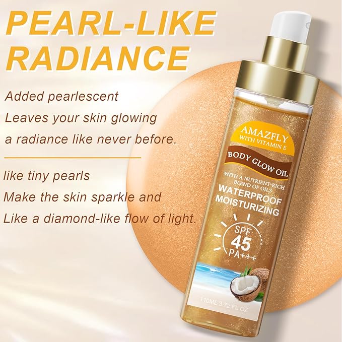 Body Glow Oil, SPF 45 PA+++, Sunscreen Body Oil with AMBER Mica, Moisturizing Coconut with Vitamin E, Glow Moisturizer, Lightweight, Water Resistant, 3.72 fl oz (#3 AMBER)
