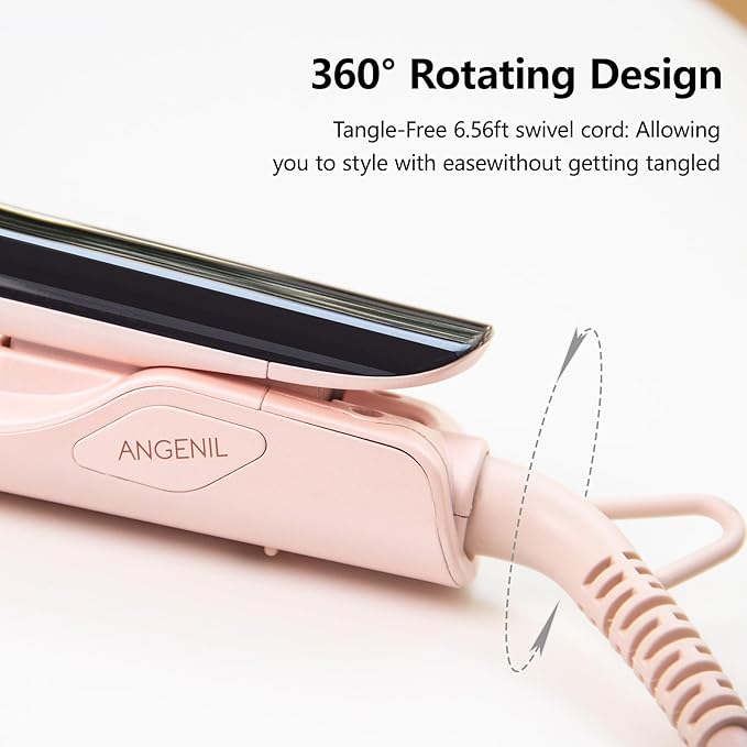 ANGENIL Pro Round Pink Dual Voltage Hair Straightener Irons, Titanium Flat Iron Hair Straightener and Curler 2 in 1 with Heat Resistant Silicone Mat, Smoothness, Large LCD Display, 20S Fast Heat Up