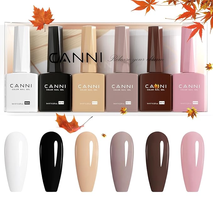 CANNI 9ml Hema-Free White Black Fall Gel Nail Polish Set- 6Pcs White Black Nude Pink Brown Fall Colors Gel Polish Kit, Soak Off LED Nail Gel Manicure Kit DIY at Home Salon Gifts for Women Girls