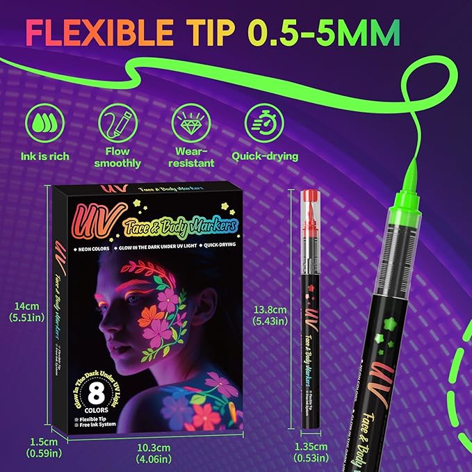 8-color luminous body painting, UV neon face painting pen, luminous face painting kit, washable skin tattoo pen, Halloween party makeup (8 colors)