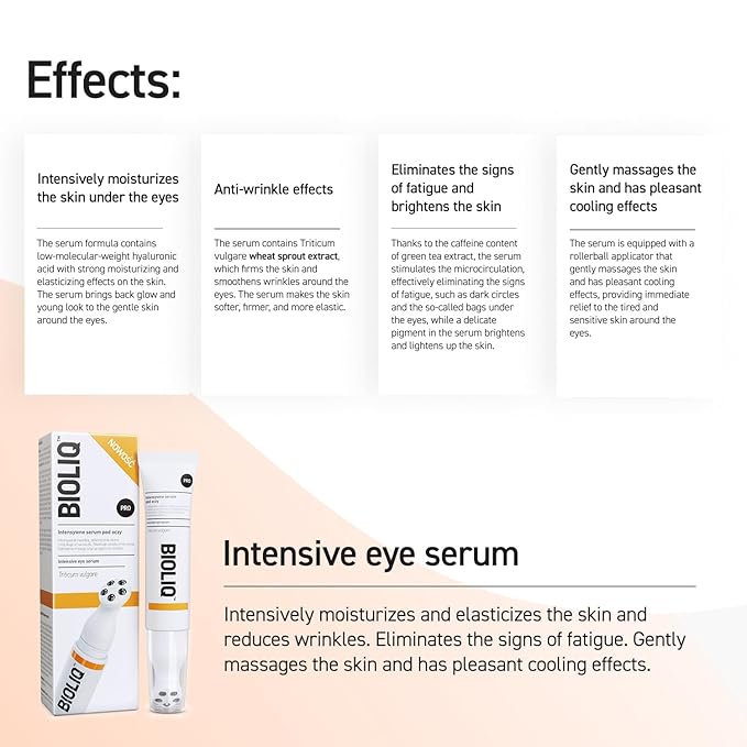 Bioliq - Pro Intensive Eye Serum - Hyaluronic Acid for Moisturizing, Wheat Sprout Extract for Wrinkle Smoothing, Dark Circle, Cooling Roller - 15 ml