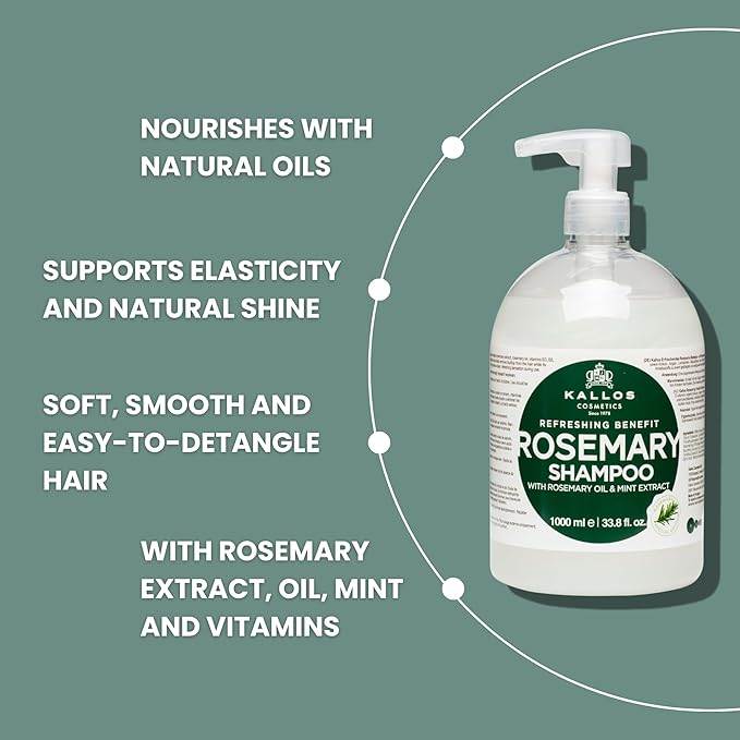 Kallos KJMN Rosemary Refreshing Shampoo with Rosemary, Peppermint, Provitamin B5 & Natural Oils – Pump 1000 ml – 33.81 Fl Oz
