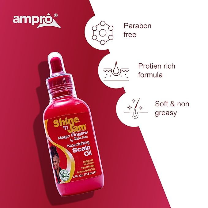 AmPro Shine-n-Jam Magic Fingers Nourishing Scalp Oil - Intensely Moisturizes and Soothes Dry or Sensitive Areas - Formulated with Natural Oils and Nutrients - Promotes Healthy Hair - 4 oz