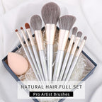 Natural Hair Makeup Brushes Set Professional, Grey Squirrel Hair Makeup Brush Set with Case, Unique Cosmetic Brushes Makeup Set, Natural Makeup Brushes, Natural Bristle Makeup Brushes -Silver