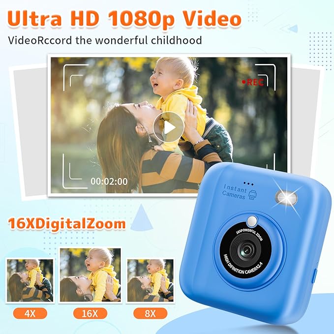 Instant Print Camera for Kids, Christmas Birthday Gifts for Girls Boys, 1080P Instant Digital Print Cameras for Toddler,Portable Toy for 4 5 6 7 8 9 10 Year Old Girl with 32GB SD Card，Blue