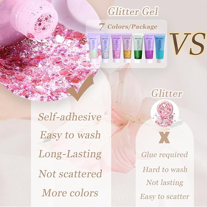 Face Body Glitter, Hair Glitter Sparkles Chunky Face Glitter Gel for Girls Makeup Singer Concerts Mermaid Festival Sequins Face Paint (White+Silver+Pink+Gold+Light Blue+Green+Rose Red)