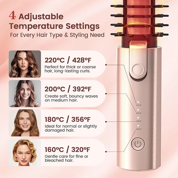 Youbella Cordless Hair Curling Iron Brush, Portable Travel Hair Curler, Mini 1.5″ Heated Round Brush, 3-in-1 USB Rechargeable Straightening Wand for Styling & Smoothing, 200 Million Ionic Care, Pink