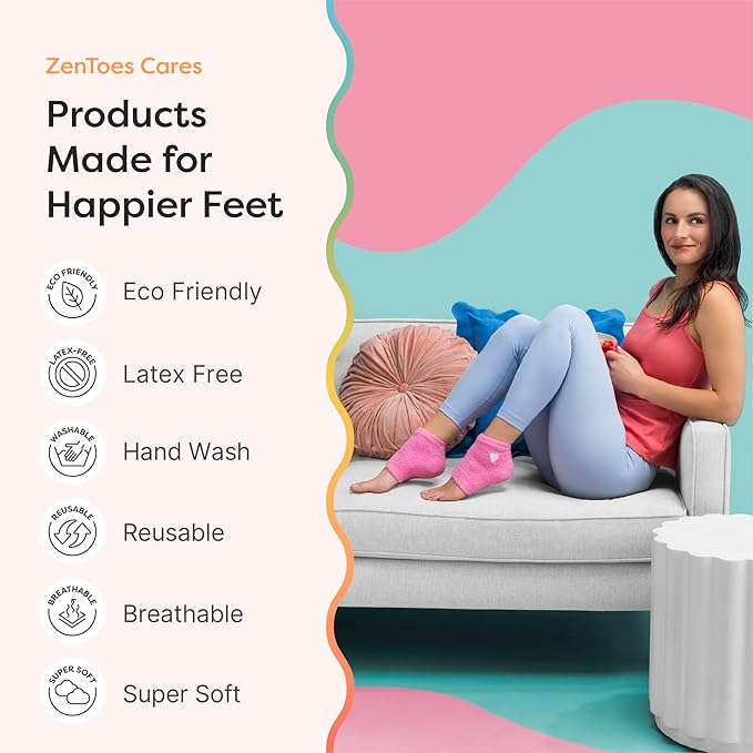 ZenToes Moisturizing Socks for Cracked Heel Treatment, Vitamin E, Olive Oil and Jojoba Oil Heel Socks, Stocking Stuffers for Women, Spa Self Care Gifts for Women (Pink with White Heart, Regular)